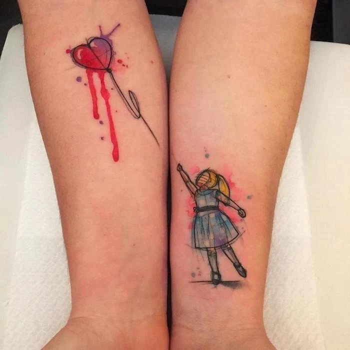 girl with a balloon, watercolor tattoo, matching mother daughter tattoos, forearm tattoos