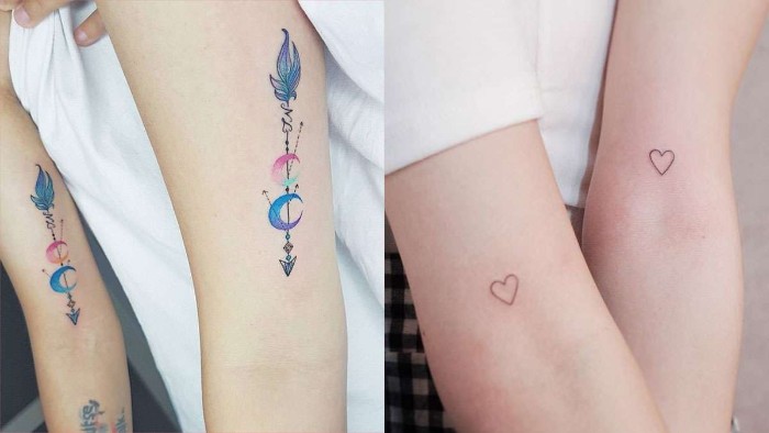 watercolour arrows and moon, inside arm tattoos, friendship tattoos designs, small hearts, white shirts