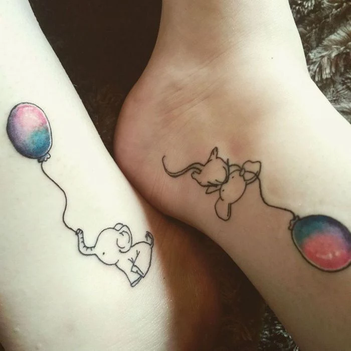 friendship symbol tattoos, watercolour balloons, baby elephants, ankle tattoos
