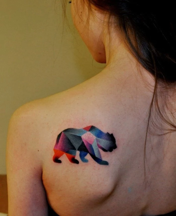 small watercolor tattoo, bear shoulder tattoo, black hair