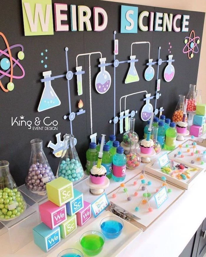 weird science, chemistry jugs, full of sweets, teen birthday ideas, blue and green juices