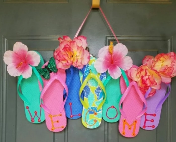 welcome sign, made of colourful flip flops, things to do when bored for kids, faux flowers
