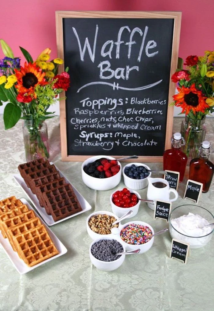 waffle bar, different toppings, in white bowls, berries and sprinkles, teen birthday ideas, whipped cream