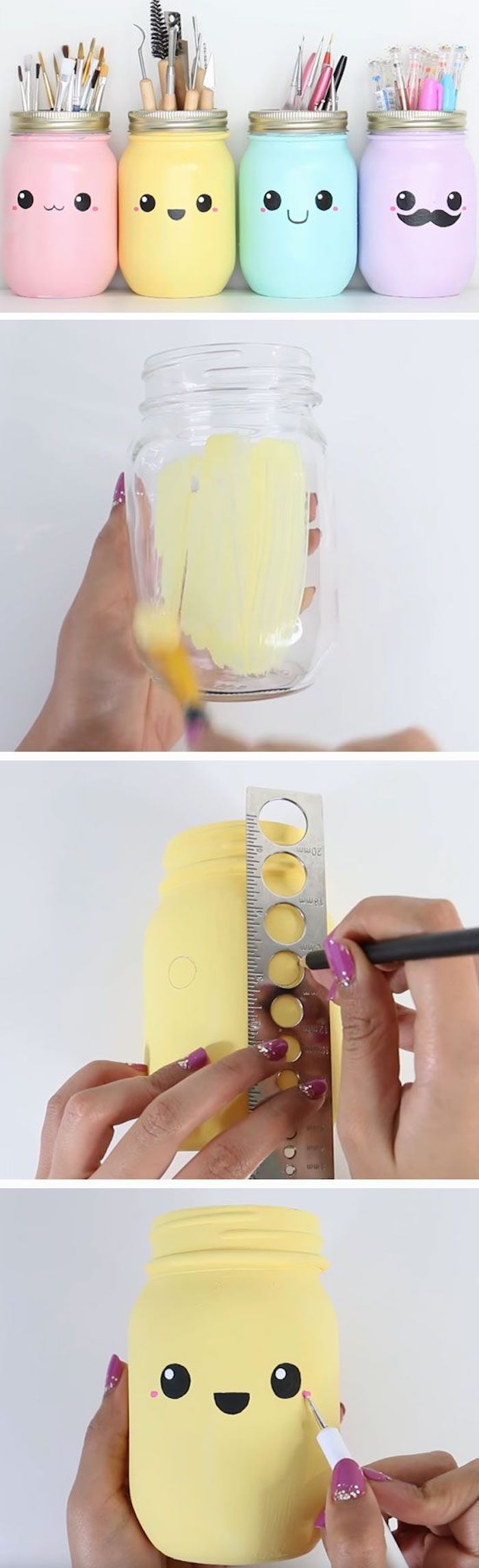mason jars, painted in yellow and pink, purple and blue, things to do when bored for kids, step by step tutorial