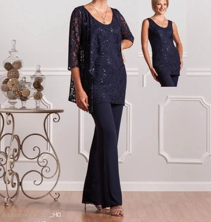 dark blue, three piece suit, lace top and vest, mother of the bride suits, nude sandals