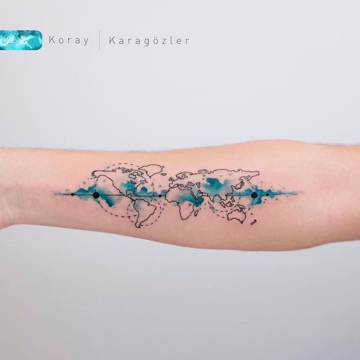 small watercolor tattoo, map of the world, forearm tattoo, grey background