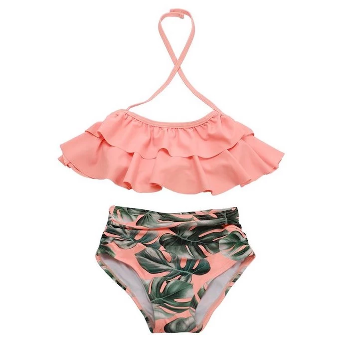 pleated orange top, orange with green palm leaves print, high waisted bottom, big girl swimsuits