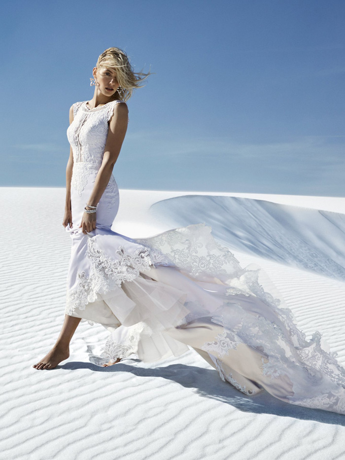 casual beach wedding dresses, long white dress, made of lace and chiffon, white desert sand