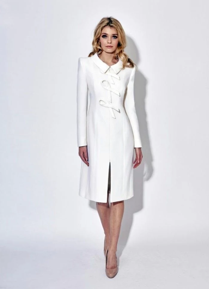 mother of the bride suits, coat dress, white colour, long sleeves, nude heels, blonde wavy hair