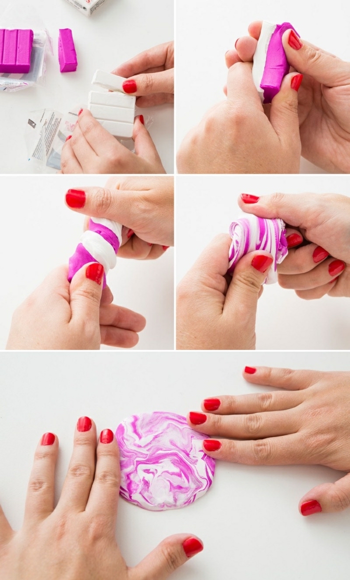 step by step, diy tutorial, easy diys, pink and white clay, mixed together, red nail polish