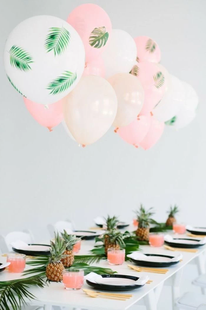 pink and white, floral balloons, teen birthday ideas, pineapple and palm leaves, table runner, gold utensils