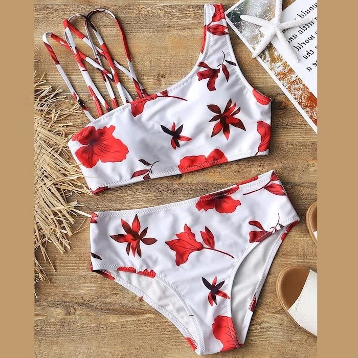 white with red flowers, one shoulder top, high waisted bottom, toddler girl swimsuits, wooden background