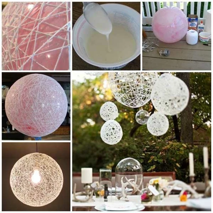 crafts to do when bored, white yarn, mod podge, lamp shades, diy tutorial, step by step