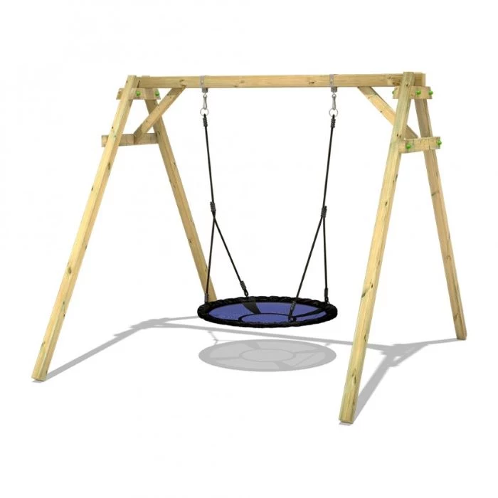mesh swing, black ropes, wooden swing set, white background