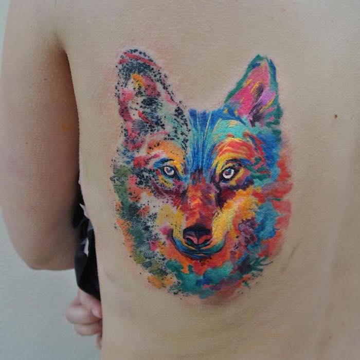 wolf head, rib cage tattoo, small watercolor tattoo, white background