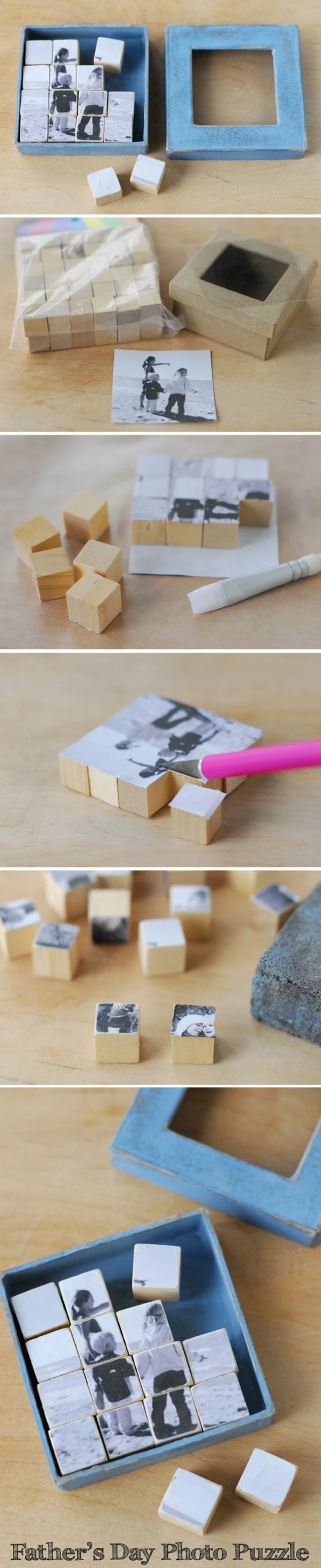 wooden blocks, photo puzzle, black and white photo, wooden box, crafts to do when bored