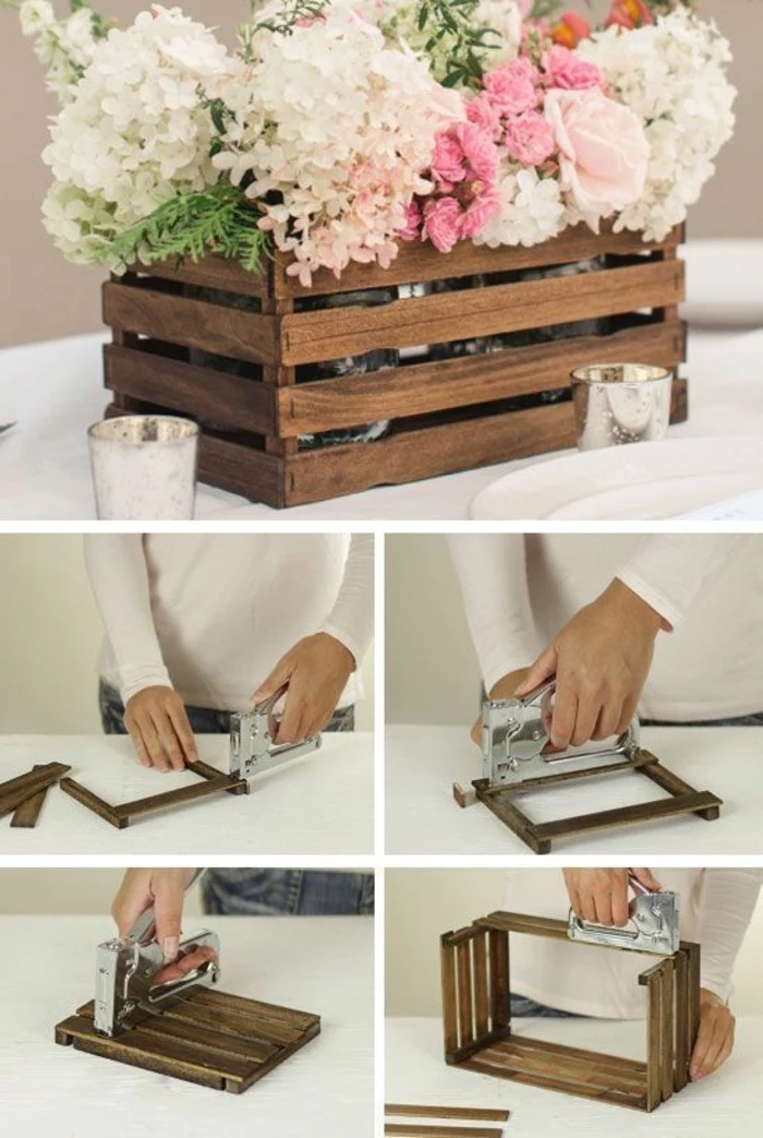 wooden crate, flower bouquets, crafts to do when bored, glass vases, candle holders