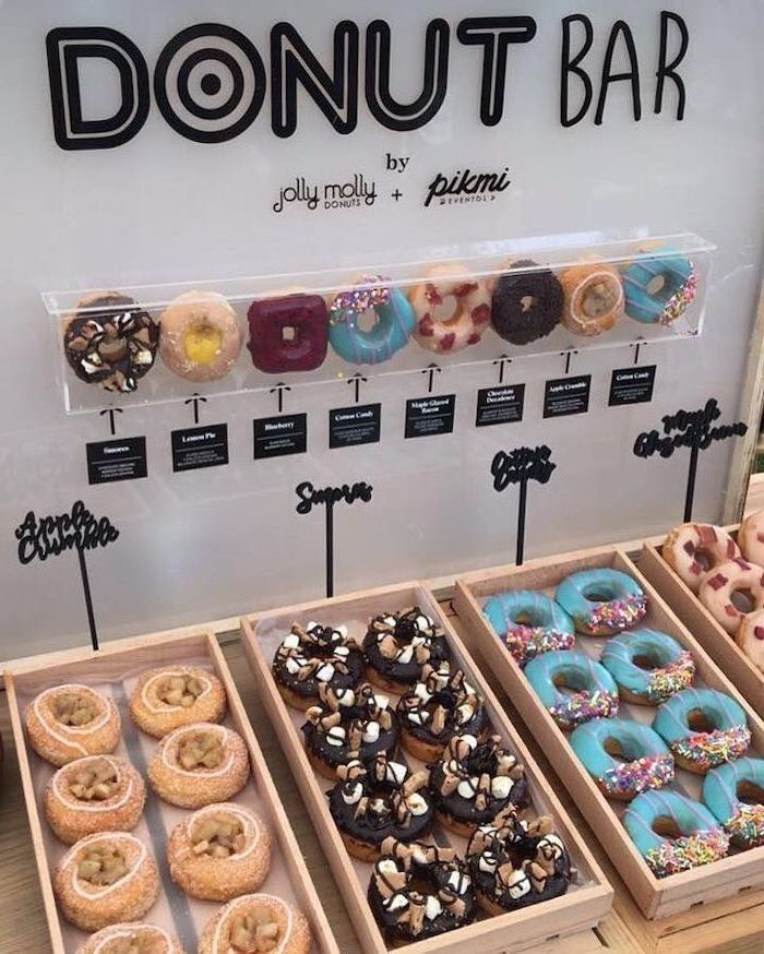 birthday party ideas for boys, donut bar, different flavoured donuts, in wooden crates