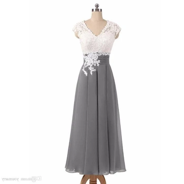lace top, grey chiffon, v neckline, mother of the bride suits, wooden mannequin, white background