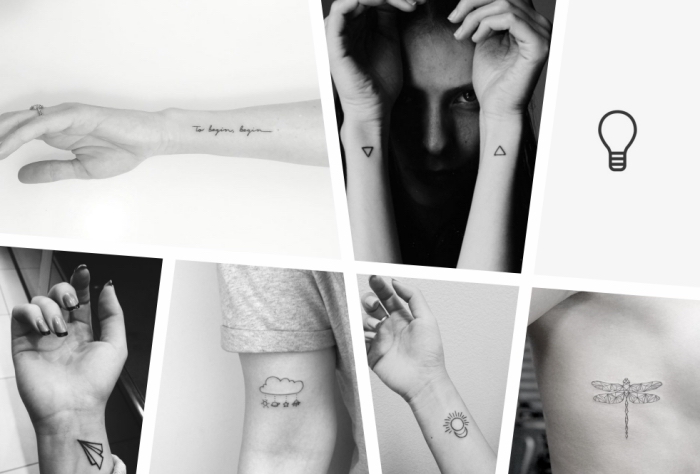 simple tattoo, black and white photos, photo collage, different styles, wrist and arm tattoos