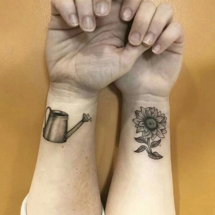 mother daughter celtic symbols, wrist tattoos, watering a sunflower, yellow background