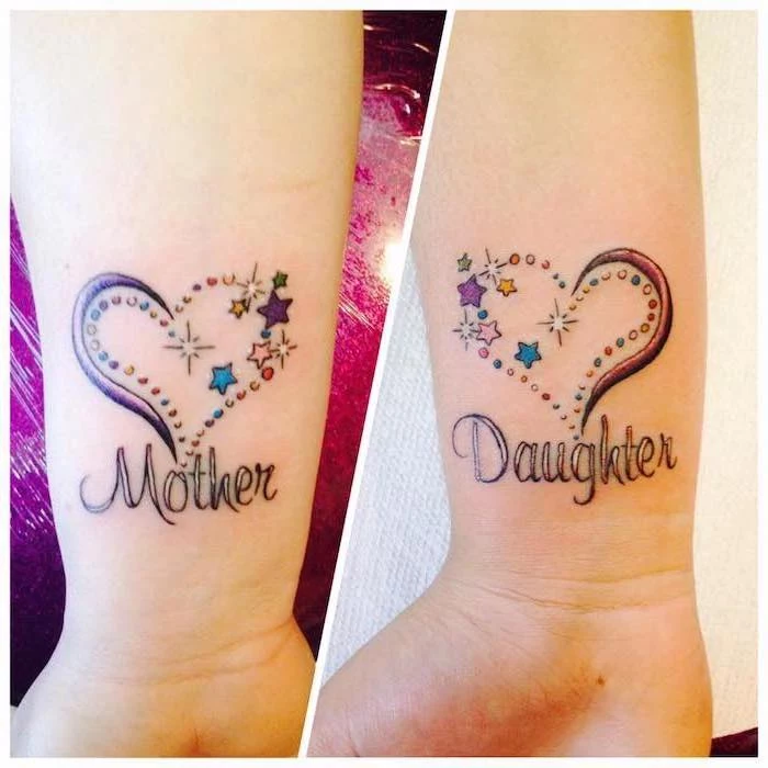 colourful hearts, with stars, mother daughter celtic symbols, wrist tattoos