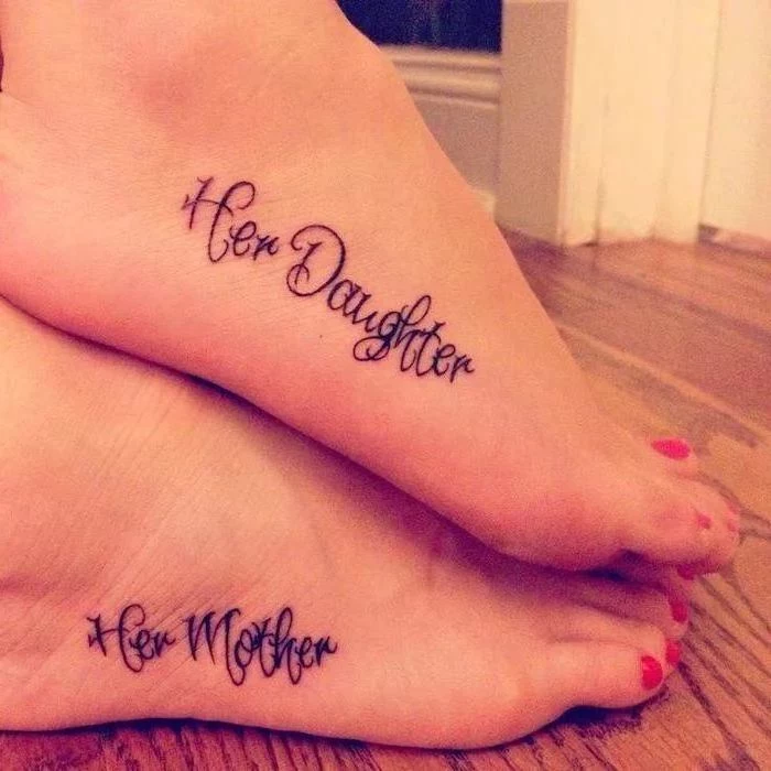 her daughter, her mother, mother daughter celtic symbols, leg tattoos, wooden floor