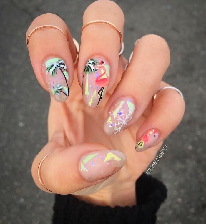 gold rings, nude nail polish, pink flamingos, cool nail designs, green palm trees