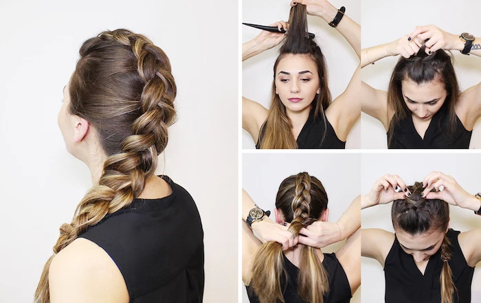 step by step, diy tutorial, brown hair, blonde highlights, side braid, how to do a french braid