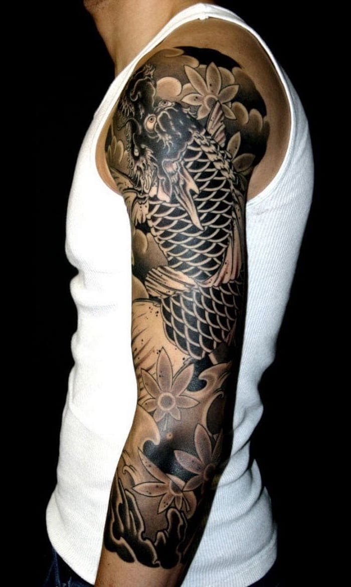 quarter sleeve tattoo, japanese koi fish, black background, white top