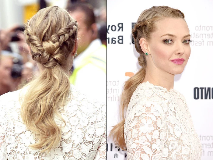 amanda seyfried, blonde hair, two braids, in a ponytail, braid hairstyles, white lace dress