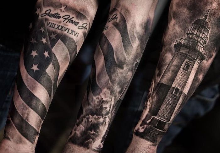 american flag, lighthouse with waves, photographed from different angles, sleeve tattoos