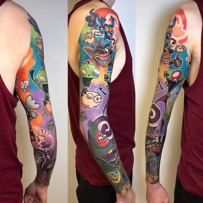 new school tattoo, very colourful, sleeve tattoos, animated characters, red top, white background