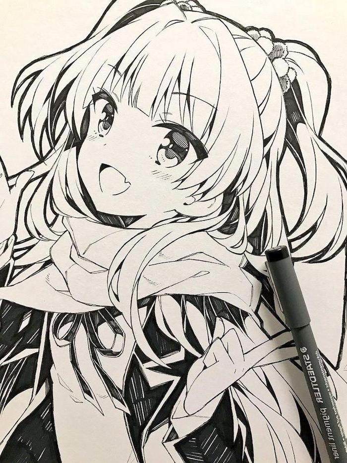 girl drawing, anime sketch, black and white, marker sketch