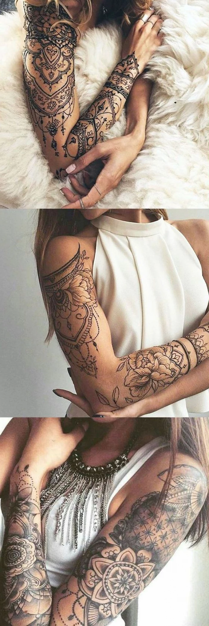 three different tattoos, white top, mandala tattoos, half sleeve tattoo ideas, side by side photos