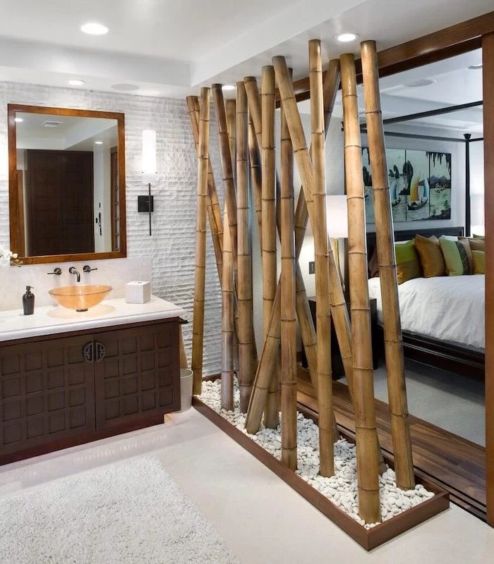 white floor, room dividers, made of bamboo sticks, separated bathroom and bedroom, large mirror