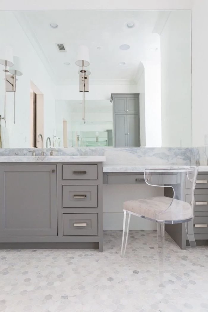 grey table with drawers, marble countertop, acrylic chair, diy makeup vanity, mosaic floor