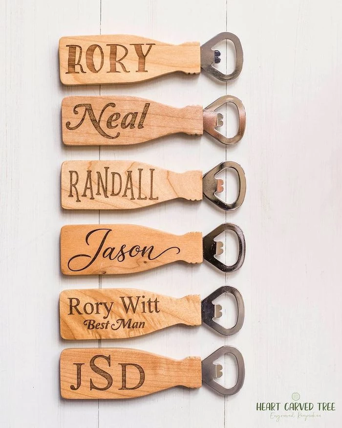 bottle openers, personalised with names, groomsmen gifts, white background