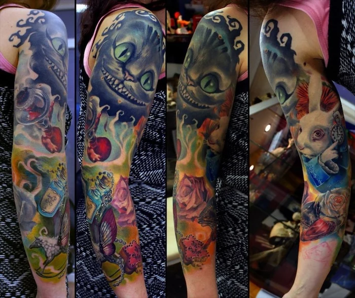 alice in wonderland characters, cheshire cat, quarter sleeve tattoo, side by side photos