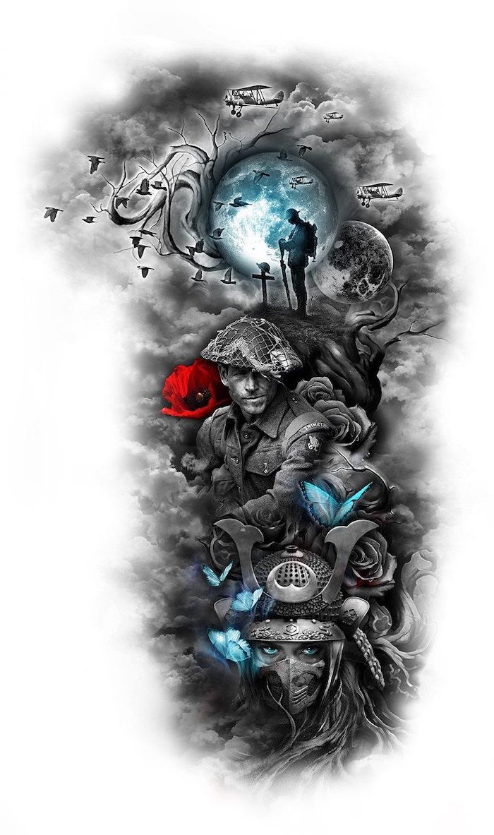 Sleeve Tattoos For Men Drawings   Best Half Sleeve Tattoos Soldier Blue Butterflies Moon Warrior Black And White Sketch 