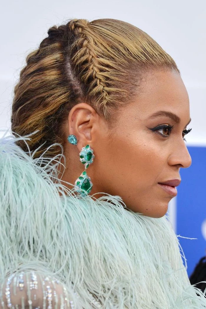 beyonce photographed, with a braided hair, braid hairstyles, large emerald earrings