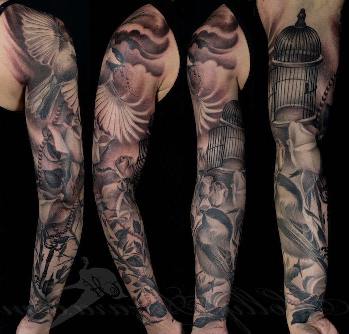half sleeve tattoo, side by side photos, taken from different angles, black background