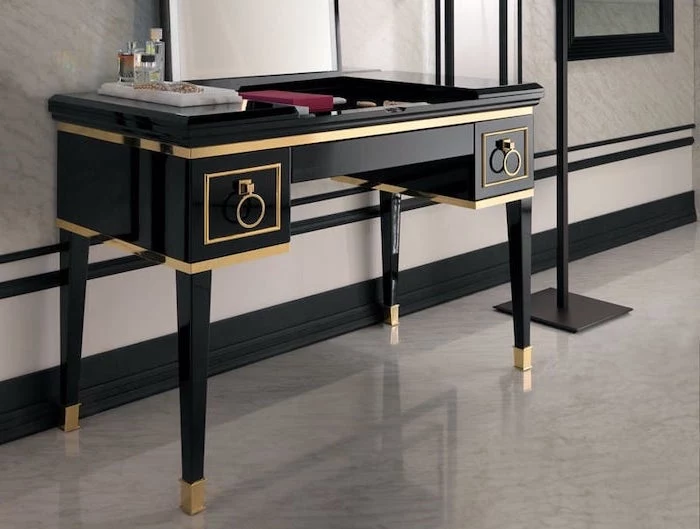 black and gold table, diy makeup vanity, grey floor, white wall, pull out mirror