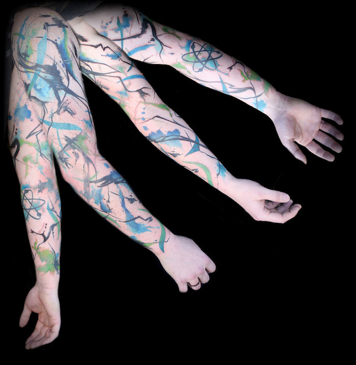 watercolour tattoo, abstract art, arm tattoos for women, black background
