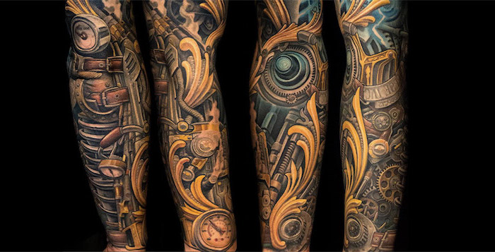 arm tattoos for women, biomechanical coloured tattoo, black background