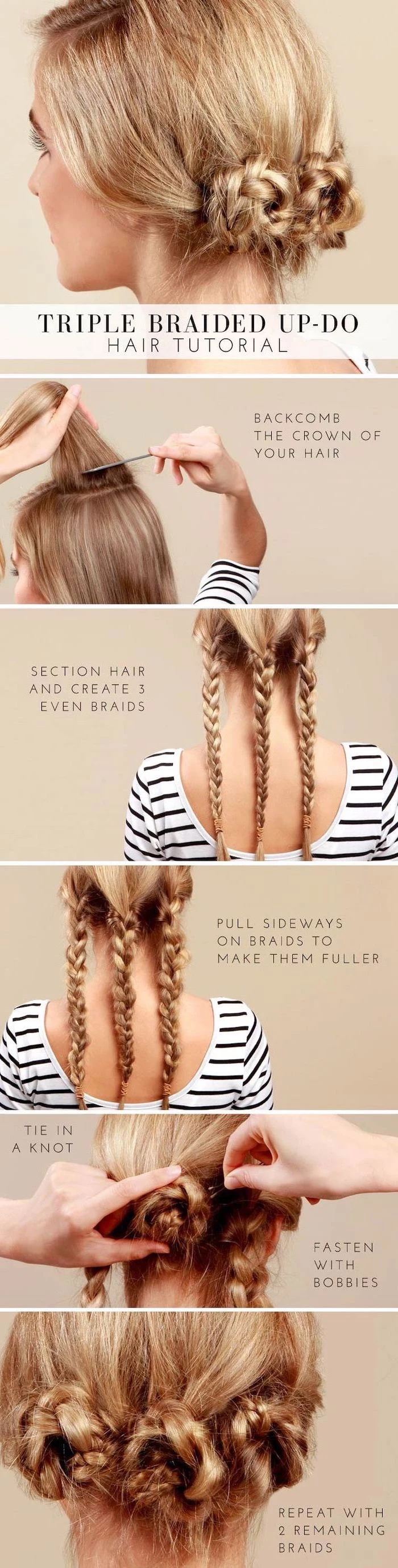 braid hairstyles, step by step, diy tutorial, triple braided updo, blonde hair