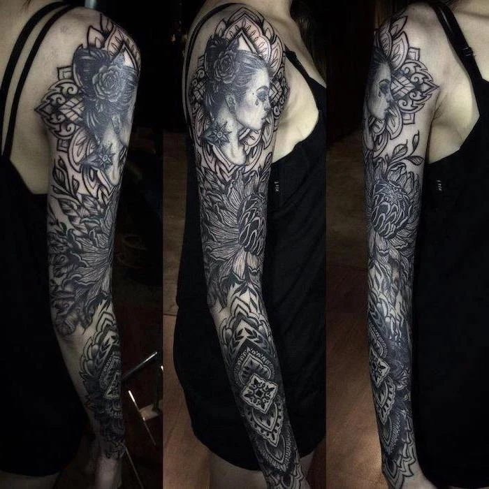 three photos, taken from different angles, mandala tattoo, black dress, quarter sleeve tattoo
