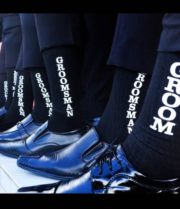 men wearing black shoes, groomsmen gift ideas, black personalised socks