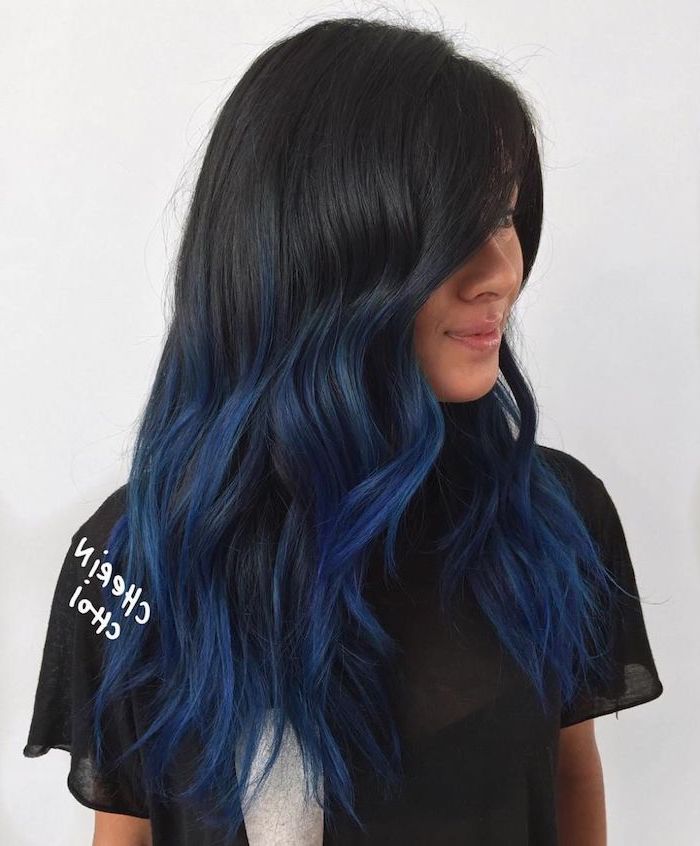 black to blue, ombre hair, long and wavy, white background, black shirt