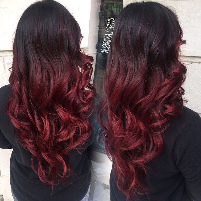 side by side photos, black to burgundy red, ombre hair, black shirt